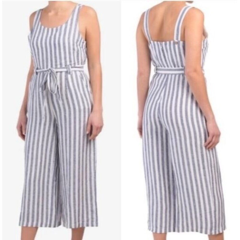 Rachel Zoe Jumpsuit Blue White Striped Linen Cropped Wide Leg Womens Size 4